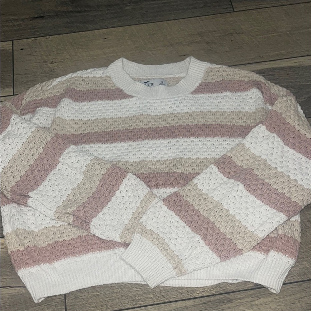 Hollister Pink and Cream Crew Neck Sweater